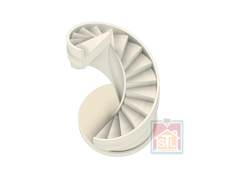 May include: A 3D-rendered, off-white spiral staircase. The staircase curves gracefully, with each step clearly defined. The design is minimalist, with a smooth, clean aesthetic. The structure is set against a plain white background.