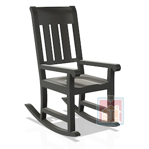 May include: A dark gray wooden rocking chair with a slatted back and armrests. The chair has curved rockers and is designed for outdoor or indoor use. The chair's dimensions are not visible in the image.
