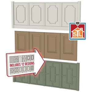 May include: Three sets of cabinet door designs in white, brown, and green. A red and blue logo with the letters "STL" is in the upper right corner. A white arrow points to a graphic that says "INCLUDES 12 DESIGNS".