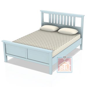 May include: A light blue wooden bed frame with a headboard featuring vertical slats. The bed has a patterned mattress and two white pillows. The bed frame is approximately 79 inches long and 60 inches wide.