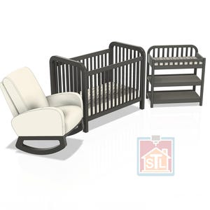 May include: A nursery furniture set featuring a dark gray crib, changing table, and a cream-colored rocking chair. The crib and changing table have a matching design. The rocking chair has a curved back and a dark gray base.