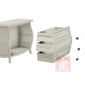 K&ouml;nnte beinhalten: Eine hellgraue, unfertige Holzkommode mit drei Schubladen und einem passenden offenen Schrank. Die Kommode hat geschwungene Seiten und kleine schwarze Kn&ouml;pfe. Der Schrank hat eine geschwungene Front und ein Regal.