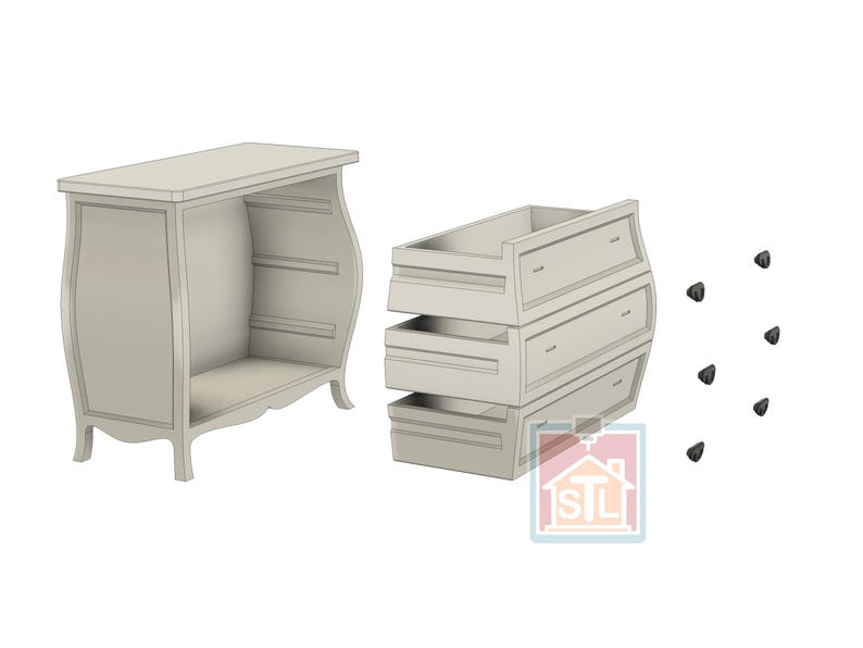 K&ouml;nnte beinhalten: Eine hellgraue, unfertige Holzkommode mit drei Schubladen und einem passenden offenen Schrank. Die Kommode hat geschwungene Seiten und kleine schwarze Kn&ouml;pfe. Der Schrank hat eine geschwungene Front und ein Regal.