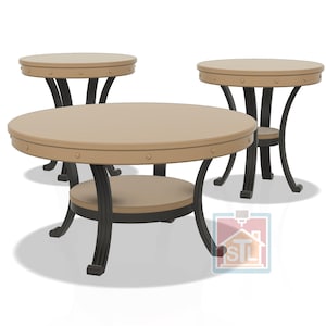 May include: A set of three round tables. The tabletops are a light tan color, with a darker tan trim and decorative rivets. The legs are black, with a curved design. One table has a lower shelf.