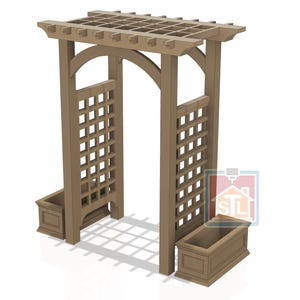 May include: A light brown garden arbor featuring a grid-patterned trellis on both sides, an arched top support, and a slatted roof structure. Two rectangular planter boxes are attached to the base of each side post. A small logo with the text STL is visible.