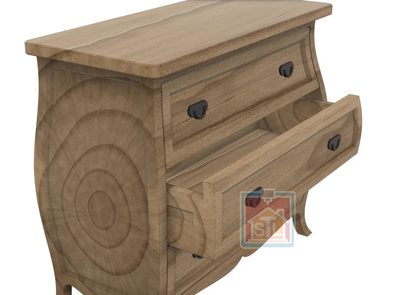 K&ouml;nnte beinhalten: Hellbraune Holzkommode mit drei Schubladen, von denen eine ge&ouml;ffnet ist. Sie hat schwarze Griffe und ein dekoratives, geschwungenes Design an den Seiten. Die Holzmaserung ist sichtbar.