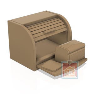 May include: A tan-colored bread box with a roll-top lid, a loaf of bread, and two slices of bread. The bread box has a curved design and a small handle. The bread and bread box are made of the same material.