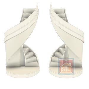 May include: Two architectural renderings of a spiral staircase. The stairs are a light cream color, with a curved outer wall and a series of steps leading upwards. The design is modern and minimalist.