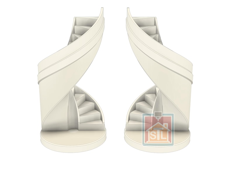 May include: Two architectural renderings of a spiral staircase. The stairs are a light cream color, with a curved outer wall and a series of steps leading upwards. The design is modern and minimalist.