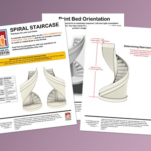 May include: Three white printed sheets with instructions for a spiral staircase model. The sheets include diagrams, printer settings, and text that reads "SPIRAL STAIRCASE" and "DOLLHOUSE STL BY DUSTIN". The background is a light purple color.