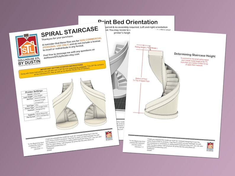 May include: Three white printed sheets with instructions for a spiral staircase model. The sheets include diagrams, printer settings, and text that reads "SPIRAL STAIRCASE" and "DOLLHOUSE STL BY DUSTIN". The background is a light purple color.