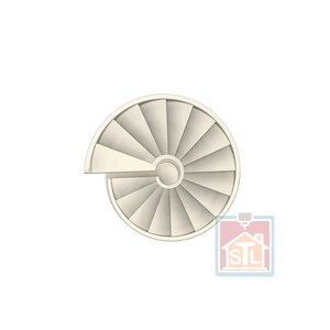 May include: Top-down view of a cream-colored spiral staircase design. The staircase has a circular shape with multiple steps radiating from a central point. The design is simple and modern, suitable for architectural models or 3D printing.