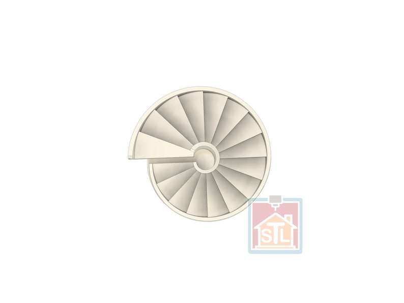 May include: Top-down view of a cream-colored spiral staircase design. The staircase has a circular shape with multiple steps radiating from a central point. The design is simple and modern, suitable for architectural models or 3D printing.