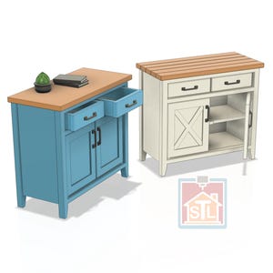 May include: Two miniature wooden kitchen cabinets. One is light blue with a light brown countertop, two drawers, and two doors. The other is off-white with a light brown countertop, two drawers, and a single door with an X design.