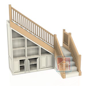 Könnte beinhalten: Eine eingebaute Treppe mit Stauraum. Das Gerät verfügt über offene Regale und Schränke mit Türen. Die Treppe hat ein hölzernes Geländer und Baluster. Das Design ist hell mit einer neutralen Farbpalette.