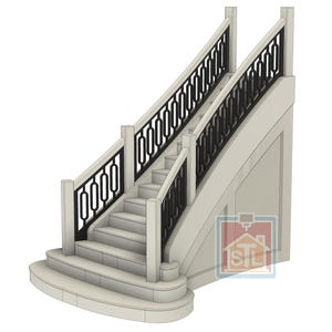 May include: A 3D model of a staircase, rendered in light grey with black railings. The design includes a curved base and a landing. The image is set against a white background. The stairs are a classic architectural design.