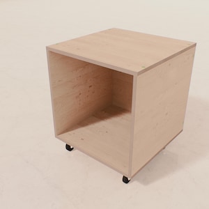 Cubo de almacenamiento de madera contrachapada de abedul hecho a mano con ruedas – Mesa auxiliar de madera moderna – Organizador móvil minimalista