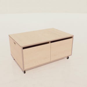 May include: A light-colored wooden storage chest with two doors and a handle on the side. The chest is rectangular and sits on four small black wheels. The wood has a natural, unfinished appearance.