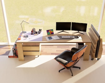 Escritorio de madera extragrande – Estación de trabajo de contrachapado de abedul macizo – Mesa de oficina minimalista escandinava