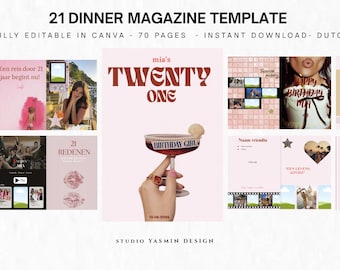 Sjabloon tijdschrift 21e verjaardag Canva | Bewerkbaar verjaardagsboek voor 21 diners | Nederlandse versie