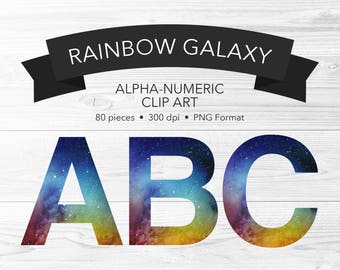 Rainbow Galaxy Alphabet Clip Art Set -- Outer Space, Watercolor, Alpha-Numeric, Letters, Numbers, Punctuation, PNG Font, Instant Download