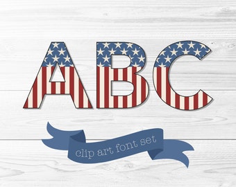 Alphabet Clip Art Font Set -- US Flag -- Stars & Stripes, Red, White, Blue, Patriotic, 4th of July, Letters, Numbers, Punctuation, PNG Font