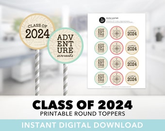 Class of 2024 Cupcake Toppers — Vintage Travel, Graduation, Adventure Awaits, Map, World Travel, Round Labels, Printable, Instant Download
