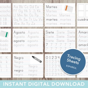 Puede incluir: Hojas de trazado en espa&ntilde;ol para que los ni&ntilde;os practiquen la escritura de letras, n&uacute;meros y palabras. Las hojas presentan una variedad de palabras, incluyendo "Dieciocho", "S&aacute;bado", "Agosto", "Martes", "Siete", "Negro", "Amarillo" y "Cuadrado".