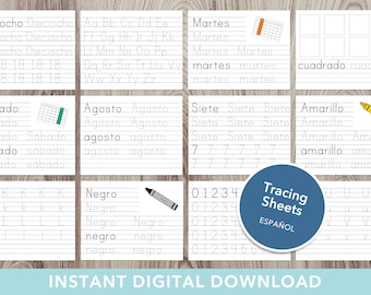 Conjunto de páginas de rastreamento em espanhol - prática de escrita, jardim de infância, aprender a escrever, espanhol, ensino doméstico, educacional, para impressão, download instantâneo