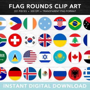 Clipart do botão da bandeira mundial — Bandeiras do mundo, internacionais, bandeiras redondas planas, álbum de recortes digital, PNG, uso comercial, download instantâneo