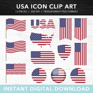 May include: A set of 13 digital clip art images featuring the American flag in various styles, including a waving flag, a flag on a pole, a flag in the shape of the United States, and a flag in a circle. The images are in a transparent PNG format and are 300 DPI. USA ICON CLIP ART. 13 PIECES. 300 DPI. TRANSPARENT PNG FORMAT. INSTANT DIGITAL DOWNLOAD.