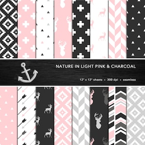 Ensemble de papiers numériques Nature — rose, gris, anthracite, nuances de gris, cerf, flèches, géométrique, album, sans couture — usage personnel ou commercial