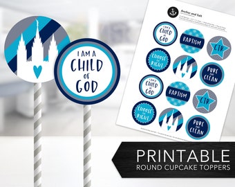 LDS Baptism Cupcake Toppers -- Navy & Ocean Blue, Teal, 1 Inch, 2 Inch, LDS Primary, Round Labels, Child of God, Printable, Instant Download