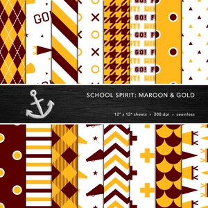 May include: A set of 12 digital papers featuring maroon and gold patterns. The patterns include stripes, polka dots, chevrons, anchors, and more. The papers are 12 inches by 12 inches and 300 dpi. They are seamless and perfect for scrapbooking, card making, and other craft projects.