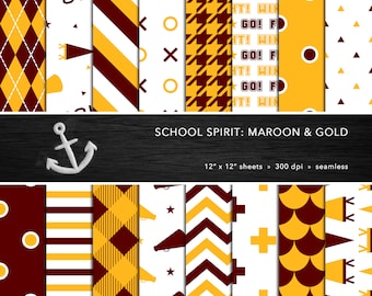 School Spirit Digital Paper Set — Maroon & Gold, School Colors, Pep Rally, Homecoming, Scrapbook, Seamless — Personal or Commercial Use