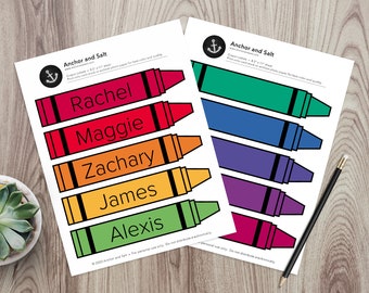 Classroom Name Labels -- Crayons, Student Names, Book Label, Name Label, Desk Name Plaque, Cubby Label, Rainbow, Organization, Personalized