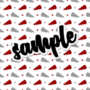 May include: White background with a pattern of red and gray megaphones and red and gray stars. The word "sample" is written in black script across the image.