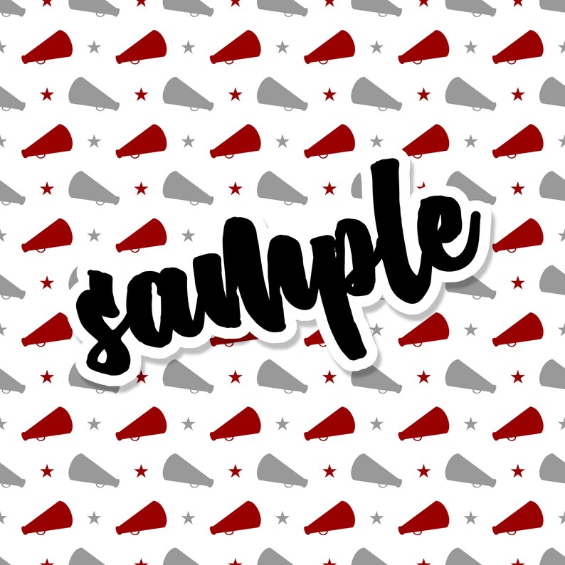 May include: White background with a pattern of red and gray megaphones and red and gray stars. The word "sample" is written in black script across the image.