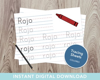 Páginas de rastreamento de cores - Colores en Español, cores espanholas, jardim de infância, aprender a escrever, material escolar em casa, para impressão, download instantâneo