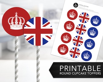 Union Jack Cupcake Toppers -- Royal British, Union Flag, UK, British Flag, British Crown Party, Round Labels, Printable, Instant Download
