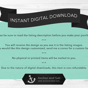 May include: A digital download announcement with the text "INSTANT DIGITAL DOWNLOAD" on a black banner. The background is a light teal color with white text. The Anchor and Salt logo is at the bottom.