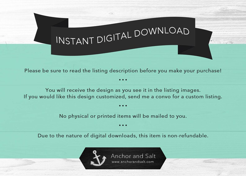 May include: A digital download announcement with the text "INSTANT DIGITAL DOWNLOAD" on a black banner. The background is a light teal color with white text. The Anchor and Salt logo is at the bottom.