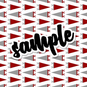 May include: A repeating pattern of red and gray pennants on a white background. The word "sample" is written in black script across the image.