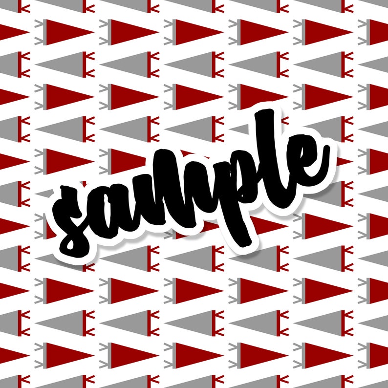 May include: A repeating pattern of red and gray pennants on a white background. The word "sample" is written in black script across the image.