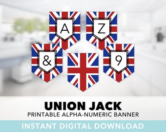 Union Jack Flag Banner Set — United Kingdom, Great Britain, UK, Alpha-Numeric, Study Abroad, London Party, Printable, Instant Download