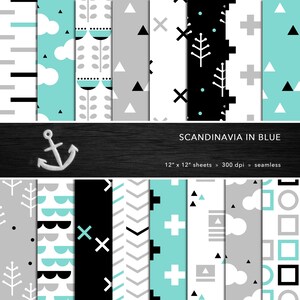 Skandinavien Digitales Papier Set — Blau und Grau, Skandinavische Geometrie, geometrisch, modern, Scrapbook, nahtlos — persönlicher oder kommerzieller Gebrauch
