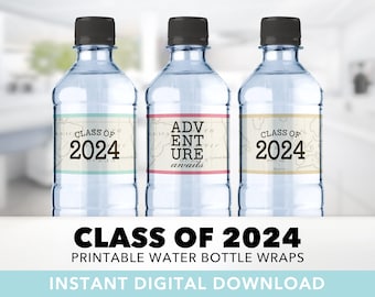 Class of 2024 Water Bottle Wraps — Vintage Travel, Adventure Awaits, World Map, World Travel, Bottle Labels, Printable, Instant Download