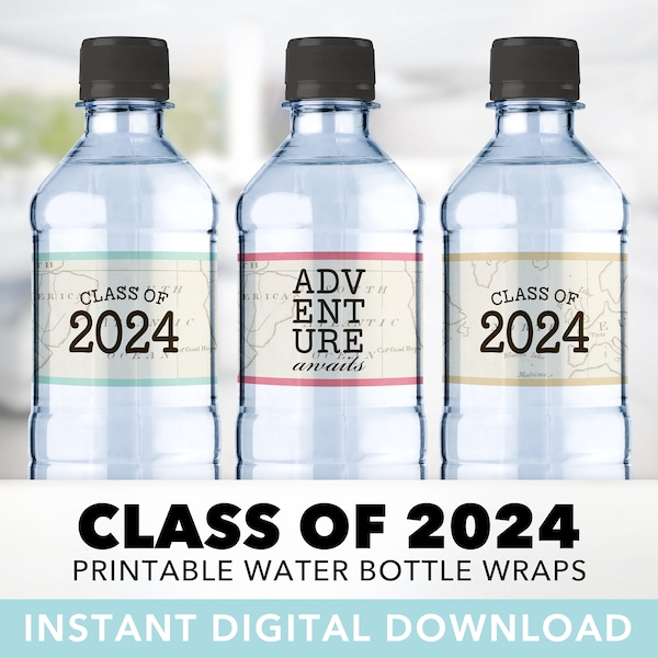Class of 2024 Water Bottle Wraps — Vintage Travel, Adventure Awaits, World Map, World Travel, Bottle Labels, Printable, Instant Download