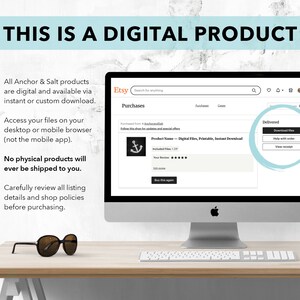 Puede incluir: Una pantalla de ordenador que muestra una p&aacute;gina de confirmaci&oacute;n de compra de Etsy. La p&aacute;gina muestra el nombre del producto, "Archivos digitales, imprimibles, descarga instant&aacute;nea", y una calificaci&oacute;n de cinco estrellas. El texto "Entregado" est&aacute; rodeado de un c&iacute;rculo azul, con un bot&oacute;n que dice "Descargar archivos".