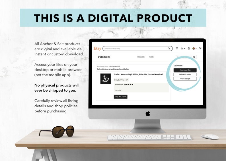 Puede incluir: Una pantalla de ordenador que muestra una p&aacute;gina de confirmaci&oacute;n de compra de Etsy. La p&aacute;gina muestra el nombre del producto, "Archivos digitales, imprimibles, descarga instant&aacute;nea", y una calificaci&oacute;n de cinco estrellas. El texto "Entregado" est&aacute; rodeado de un c&iacute;rculo azul, con un bot&oacute;n que dice "Descargar archivos".